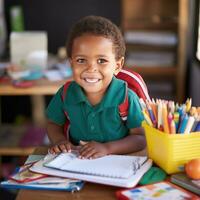 ai generato un' giovane bambino Tenere un' libro e sorridente, circondato di scuola forniture piace matite e i Quaderni foto