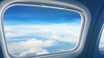ai generato aereo finestra, offerta un' unico prospettiva di il cielo e nuvole foto