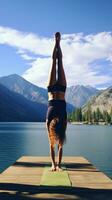 ai generato un' donna fare un' handstand su un' yoga stuoia, con un' tranquillo, calmo, sereno ambientazione nel il sfondo foto