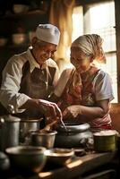 ai generato un' toccante azione foto di un vecchio coppia cucinando prima colazione insieme nel loro tradizionale cucina