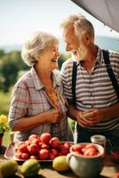 ai generato toccante azione foto di un anziano coppia cucinando prima colazione insieme nel loro piccolo ma accogliente cucina