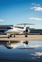 ai generato un' privato Jet su il asfalto, con il aeroporto terminale e controllo Torre nel il sfondo. foto