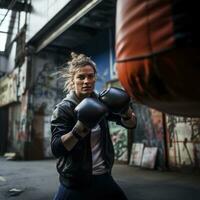 ai generato un' donna boxe con un' punzonatura Borsa, con un' grintoso, industriale ambientazione nel il sfondo foto