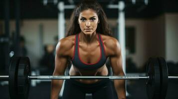 ai generato un' donna nel allenarsi Abiti sollevamento pesi a il palestra, con un' determinato espressione su sua viso. foto