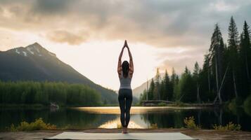 ai generato un' donna fare un' handstand su un' yoga stuoia, con un' tranquillo, calmo, sereno ambientazione nel il sfondo foto