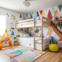 ai generato un' giocoso figli di camera con un' colorato sfondo accento parete, un' di legno cuccetta letto con un' scala foto