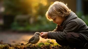 ai generato un' commovente foto di un' giovane ragazzo alimentazione un' bambino uccello con un' contagocce