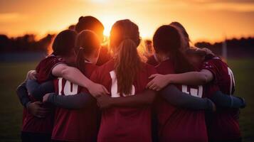 ai generato un' gruppo di giovane calcio Giocatori rannicchiato insieme nel un' squadra parlare, con il sole ambientazione dietro a loro foto