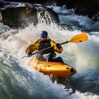 ai generato un' kayaker navigazione attraverso ruvido bianca acqua rapide foto