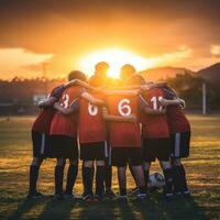 ai generato un' gruppo di giovane calcio Giocatori rannicchiato insieme nel un' squadra parlare, con il sole ambientazione dietro a loro foto