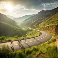 ai generato ciclisti equitazione attraverso un' avvolgimento montagna strada, con un' bellissimo panoramico paesaggio foto