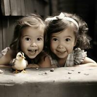 ai generato giovane ragazza giocando peek-a-boo con un' minuscolo pulcino, tutti e due di loro splendente con gioia foto