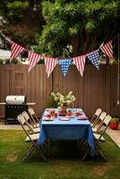 ai generato un' divertimento e casuale foto di un' famiglia bbq con americano bandiere e pavese decorazione il Giardino dietro la casa