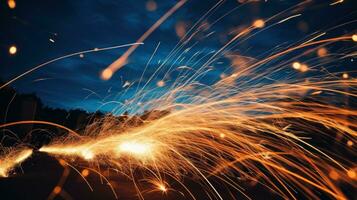 ai generato un artistico foto di fuochi d'artificio con un' lungo esposizione, la creazione di un' bellissimo pista di luci nel il cielo.