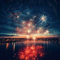 ai generato un artistico foto di fuochi d'artificio con un' lungo esposizione, la creazione di un' bellissimo pista di luci nel il cielo.