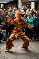 ai generato un' strada esecutore vestito come un' Drago, danza e divertente un' affascinato pubblico foto