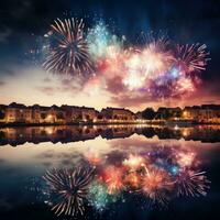 ai generato Visualizza di fuochi d'artificio illuminazione su il cielo sopra un' fiume, con il riflessione di il colori su il acqua foto