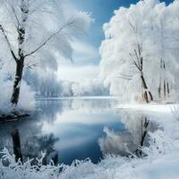 ai generato un' pittoresco inverno paesaggio con innevato alberi e un' congelato lago foto