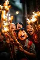 ai generato un' gruppo di sorridente bambini indossare tradizionale Cinese costumi mentre giocando con sparklers foto
