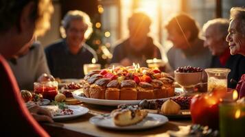 ai generato un' gruppo di amici raccogliere in giro un' prima colazione tavolo, godendo un' caldo e sostanzioso pasto insieme foto