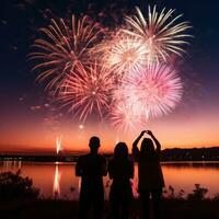 ai generato un' colorato foto di fuochi d'artificio scoppiando nel il cielo, con un' silhouette di persone Guardando nel il primo piano