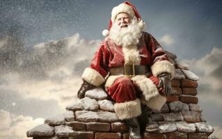 ai generato Santa Claus posa su tetto Guardando nevoso cielo foto