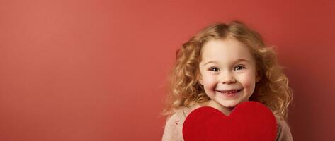 ai generato ritratto di un' carino poco ragazza con rosso cuore su san valentino giorno concetto. foto