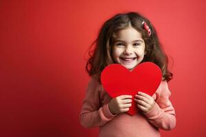 ai generato ritratto di un' carino poco ragazza con rosso cuore su san valentino giorno concetto. foto