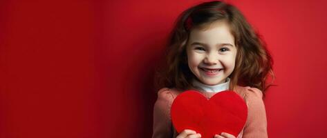 ai generato ritratto di un' carino poco ragazza con rosso cuore su san valentino giorno concetto. foto