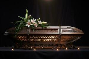 ai generato funerale cofanetto con fiori su buio sfondo foto