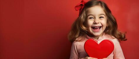 ai generato ritratto di un' carino poco ragazza con rosso cuore su san valentino giorno concetto. foto