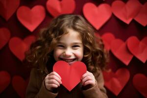 ai generato ritratto di un' carino poco ragazza con rosso cuore su san valentino giorno concetto. foto