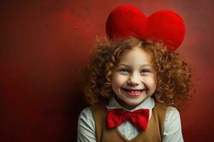 ai generato ritratto di un' carino poco ragazza con rosso cuore su san valentino giorno concetto. foto