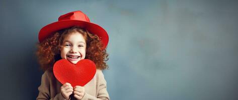 ai generato ritratto di un' carino poco ragazza con rosso cuore su san valentino giorno concetto. foto