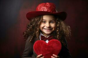 ai generato ritratto di un' carino poco ragazza con rosso cuore su san valentino giorno concetto. foto