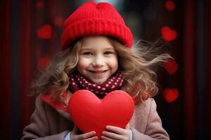 ai generato ritratto di un' carino poco ragazza con rosso cuore su san valentino giorno concetto. foto