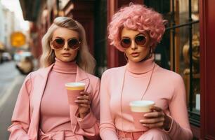 ai generato Due donne vestito nel rosa abbigliamento Tenere tazze di caffè foto