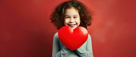 ai generato ritratto di un' carino poco ragazza con rosso cuore su san valentino giorno concetto. foto