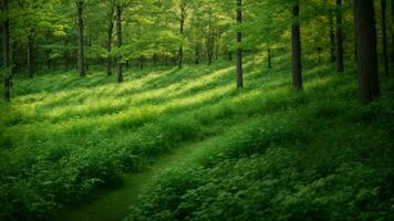 ai generato descrivere il delicato variazioni nel occhiali da sole di verde durante diverso le stagioni, sottolineando il transizione a partire dal primavera per estate nel un' temperato foresta. foto