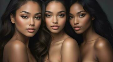 ai generato bellissimo giovane multietnico donne con naturale trucco. pubblicità per femmina moda Modelli, viso e corpo pelle cura. foto