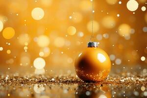 ai generato d'oro Natale albero giocattolo palla con festivo coriandoli su un' giallo bokeh sfondo. foto