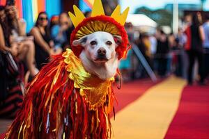 ai generato un' cane vestito nel colorato costume nel il carnevale brasiliano ai generativo foto