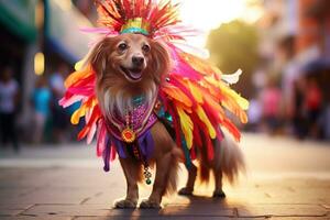 ai generato un' cane vestito nel colorato costume nel il carnevale brasiliano ai generativo foto