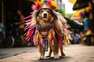 ai generato un' cane vestito nel colorato costume nel il carnevale brasiliano ai generativo foto