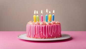 ai generato compleanno torta con candele su rosa tavolo foto