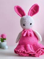 ai generato a maglia coniglio nel rosa vestire. st. San Valentino giorno arredamento. a maglia giocattolo, amigurumi. san valentino giorno saluto carta ai generato foto