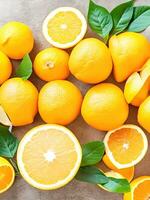 ai generato fresco arancia e fette con le foglie sfondo vitamina c concetto ai generato foto