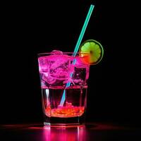 ai generato cocktail con un' cannuccia. estate aperitivo con Ghiaccio. neon colore, anni 90 stile. vacanza, festa o vacanza foto