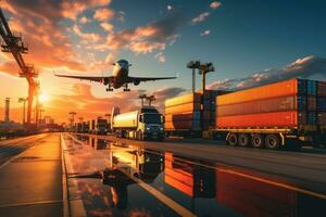 ai generato un Immagine raffigurante la logistica con un' contenitore camion, nave nel porta, e aereo per importare esportare industria.di generativo ai foto