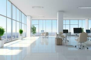 ai generato luminosa e pulito ufficio ambiente astratto sfondo luminosa ufficio con impianti e grande finestre. di generato ai foto